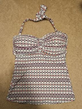 White Patterned Halter Tankini Top with Pink Accents